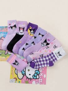 Sanrio 2/4/8 paires de chaussettes mi-mollet mixtes à motifs de dessins animés Sanrio Kuromi, confortables et respirantes, convenant pour le style casual, Lolita, l'uniforme scolaire JK et le port quotidien