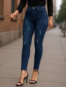 Jeans para Mujer de Tiro Medio Skinny Corte Moldeador, Estilo Elegante con Detalles Rasgados, Levanta Glúteos - Azul - Ver 1