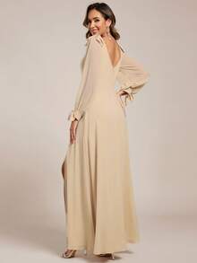 Spring Split Sleeve Split Thigh Chiffon Champagne Bridesmaid Dress For Wedding - Champagne - View 5