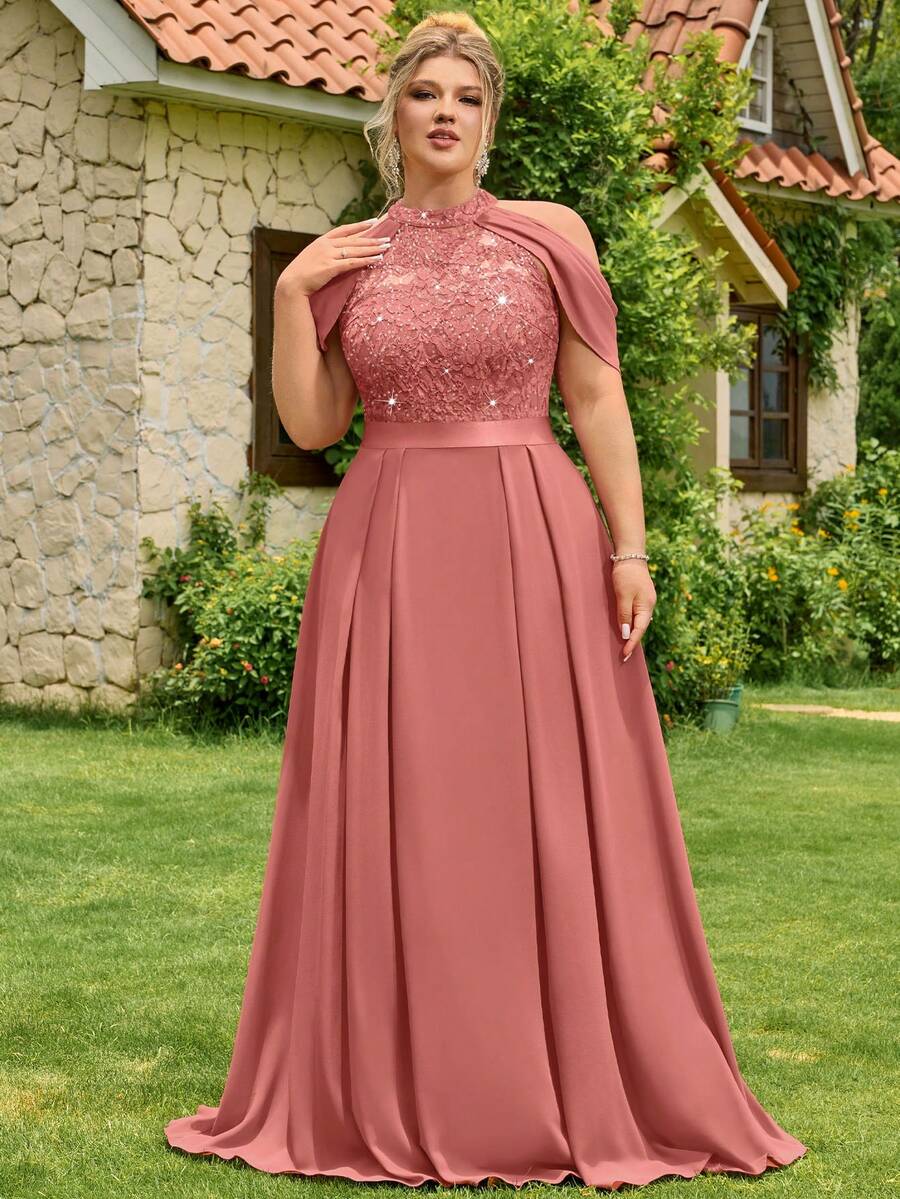 Plus Size Women's Sequin Floral Lace Hollow Shoulder Chiffon Formal Party Dress, Suitable For Prom, Graduation, Wedding, Birthday Party In Summer