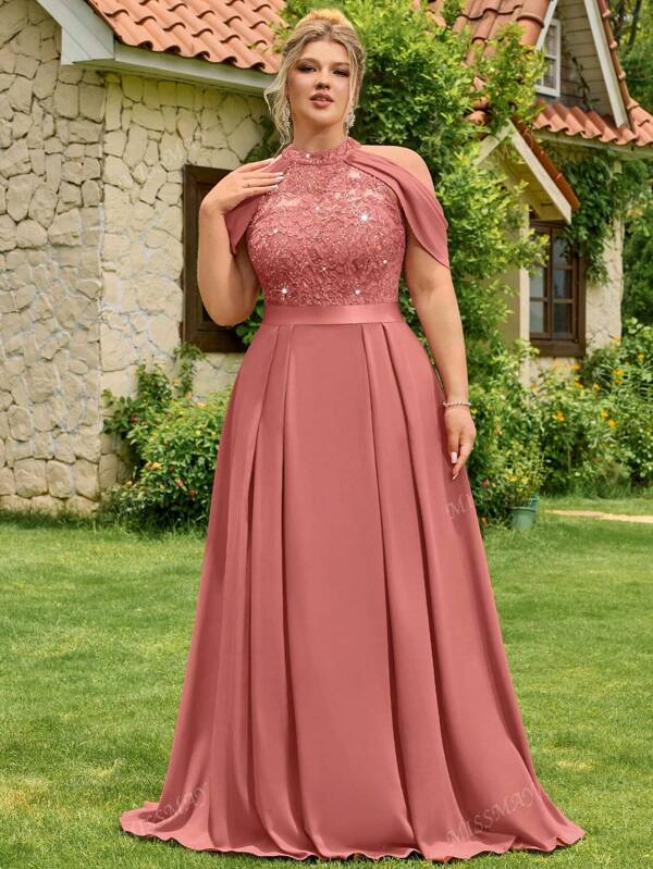 Rochie de seară elegantă cu decolteu halter, dantelă florală cu paiete, decupată pe umeri, mânecă tip capă, șifon contrastant, tiv plisat, rochie de seară formală pentru bal, nuntă, invitată de absolvire, cină