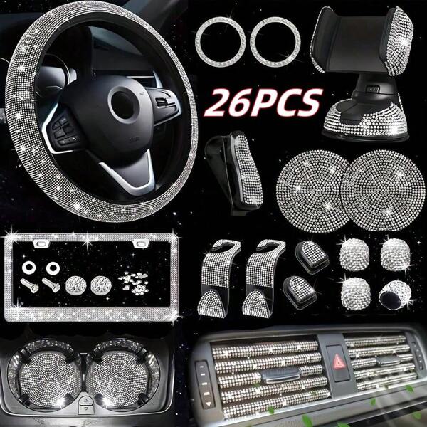 26PCS Bling Car Accessories For Women, Bling Car Steering Wheel Cover Set, Bling License Plate Frame, Phone Holder, Car Coasters And More, Rhinestone Car Accessories For Women