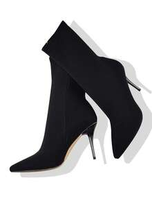 vivianly Classic Black Pointed Toe Thick High Heel Ankle Boots For Women, Fashionable, Versatile, Elegant, Ladder Design, Non-Slip Sole, Suitable For Halloween, Wedding, Holiday Season, Autumn/Winter - 黑色 - 查看 5