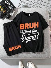 2 件套青少年男孩套装 Bruh What The Sigma 街头服饰 Meme T 恤趣味柔软舒适夏季休闲装 - 黑色 - 查看 1