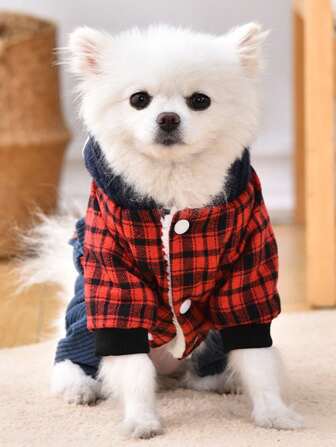 1pc Pet Autumn/Winter Jumpsuit, Thick Warm Hooded 4-Leg Clothes With Cute Bear Print