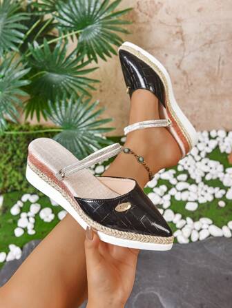 大码女式时尚休闲亚麻绳坡跟一脚蹬鞋