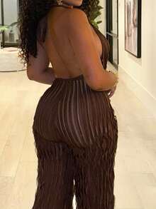 Alexandranx 性感优雅挂脖露肩露背直筒裤牛百叶面料连体裤 - 棕色 - 查看 9