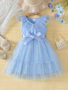Toddler Girls Tulle Dress Sleeveless Star Print Belted Pageant Dress Kid Wedding Ball Gown - 藍色 - 查看 2