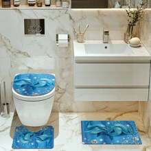 1/4 Stück Blauer Delfin & Strass Themen Badezimmer Set, beinhaltet Duschvorhang, Badematte, U-förmiger Toilettendeckel, wasserdicht, modernes und stilvolles Badezimmer Dekor, ohne Bohren, maschinenwaschbar Polyester Rückseite Für den Schulanfang