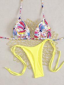 2pcs Women Summer Beach Pattern Print Halter Tie Side Sexy Thong Bikini Set - Yellow - View 3