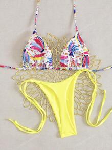 2 pezzi Set bikini sexy da donna con stampa da spiaggia estiva, reggiseno a canotta e slip con laccio laterale