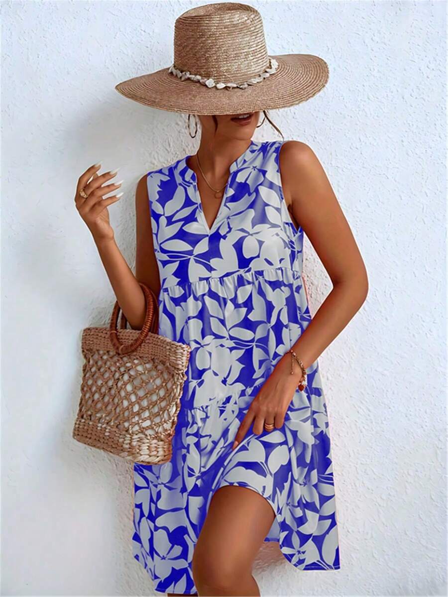 Spring/Summer Polyester Elegant V-Neck Sleeveless A-Line Printed Dress For Travel & Vacation - Blue - View 1
