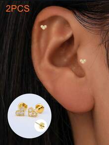 2 件/6 件心形耳钉，5A 金色锆石花朵耳钉，螺丝后鼻骨耳钉，精致珠宝礼物，适合女性 - 心形1# - 查看 11