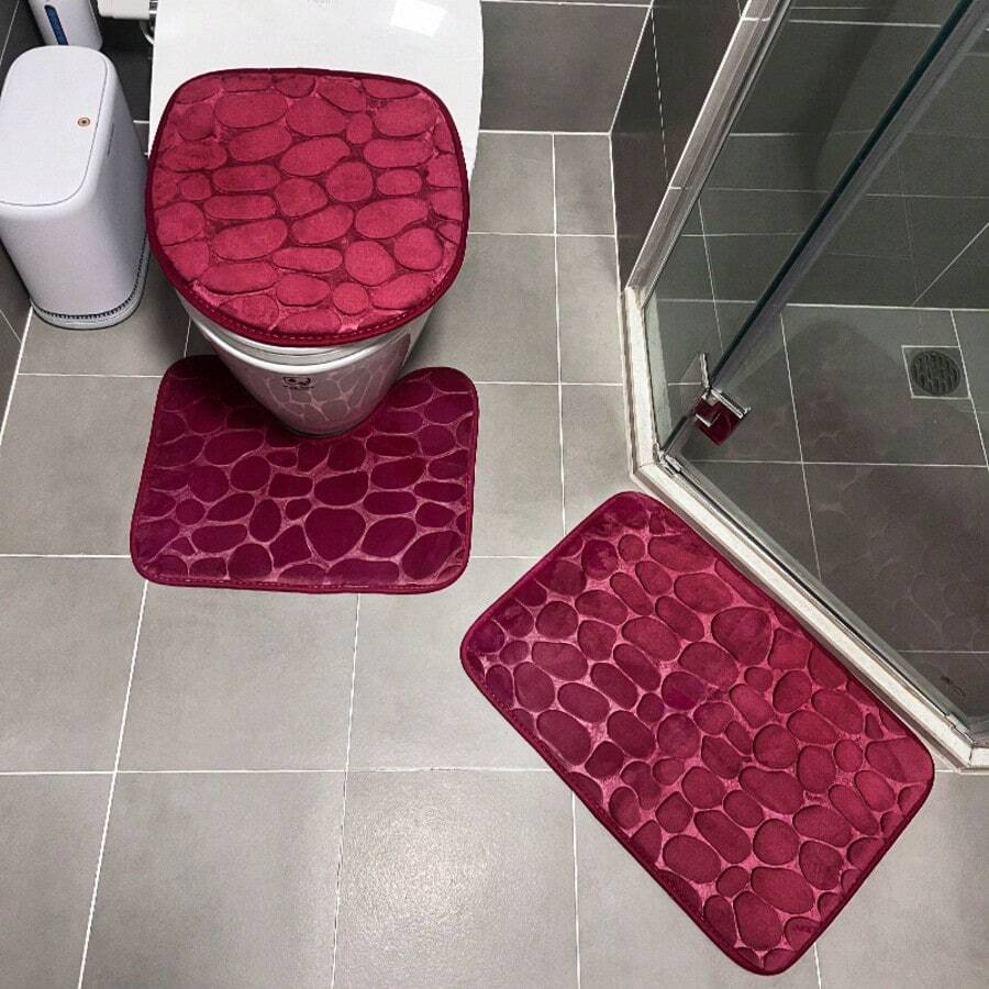 Bathroom Set Designed (Plain) With 3 Non-Slip Pieces (*VARIOUS DESIGNS*) - Burgundy - View 1