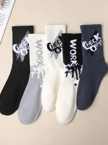 5 Pairs Men's Mixed Color Original Letter Black & White Crew Socks, Suitable For Daily Wear, Great Gift For Family And Friends