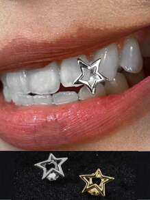 1pc Fashion Tooth Jewelry, Hollow Star Striped Zirconia Combination, Single Arc Hollow Unique Hiphop Tooth Decoration, Suitable For Party, Everyday, Gift, Stage Props