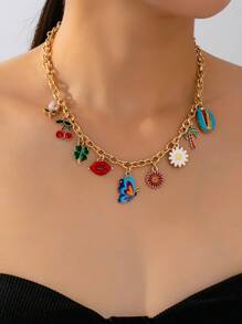 1pc Women's Enamel Chain Pendant Necklace With Versatile Elements Like Butterfly, Flower, Clover, Cherry, Shell, Suitable For Daily Wear And Party