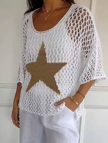 Plus Size Women's Pentagram Hollow Out Drop Shoulder V-Neck Simple Loose Sweater