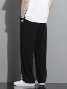 Men's Relaxed Fit Drawstring Waist Slant Pockets Solid Color Casual Pants, Fall - Black - View 2