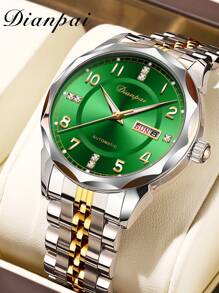 1 pieza Reloj mecánico de hombre, con diamantes, luminoso, de acero inoxidable, automático, con calendario y exhibición de día de la semana, regalo