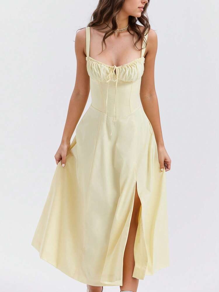 Verano temperamento de la moda de alto sentido de halter Europa y los Estados Unidos vestido de falda femenina - Amarillo - Añade 2
