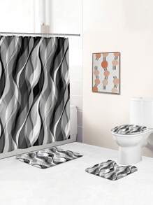 4pcs/Set Modern Abstract Wave White & Gray Striped Shower Curtain Set, Waterproof Shower Curtain With 12 Hooks, Bathroom Non-Slip Mat, U-Shaped Toilet Mat And Round Toilet Lid Cover, Bathroom Set For Full Scene Use Back To School