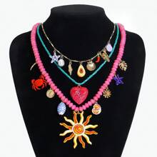 3pcs Bohemian Handmade Beaded Ocean Style Crab, Heart, Starfish, Avocado Pendant Multilayer Necklace For Women, Cute Beach Holiday Lobster, Shell, Chili Pepper Beaded Necklace Accessories (Handmade, Pendant Position Random, Beads Color May Have Minor Flaws)