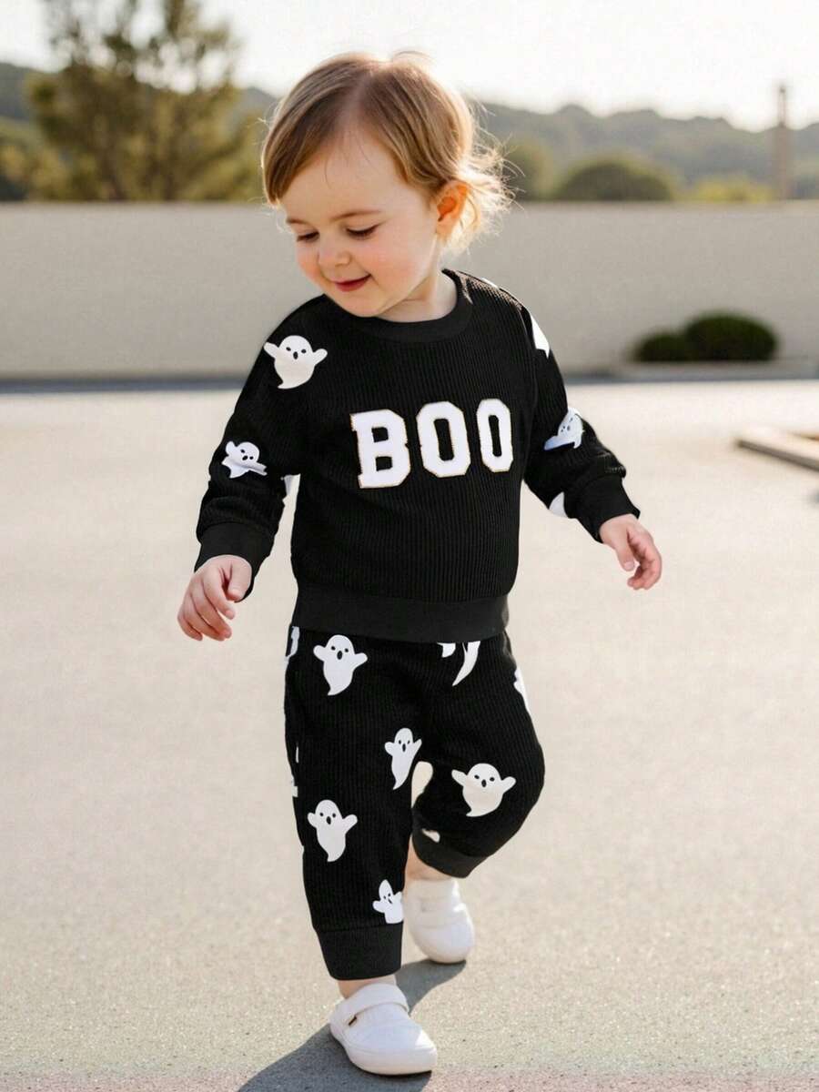Toddler Baby Boy Halloween Outfit Boo Letter Embroidery Ghost Print Long Sleeve Crewneck Sweatshirt Pullover Tops And Elastic Pants 2 Piece Fall Winter Clothes