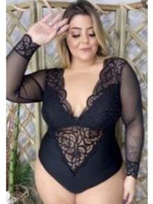 BIZANCING LUXURY BODYSUIT LONG SLEEVE PLUS SIZE TULLE LACE SLEEVE - Negro - Ver 2