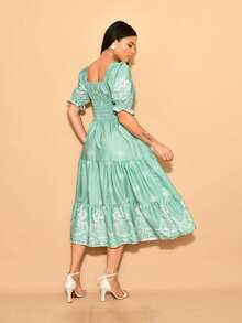 Helena Midi Dress With Crepe Print, Stretch On The Back, Short Sleeves - Màu xanh Bạc hà - Xem 4