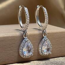 1 Pair S925 Sterling Silver Luxurious Water Drop Design Earrings, Inlaid Sparkling Zirconia, Elegant & Graceful Women's Earrings For Daily Wear, Quality Jewelry Gift For Loved Ones