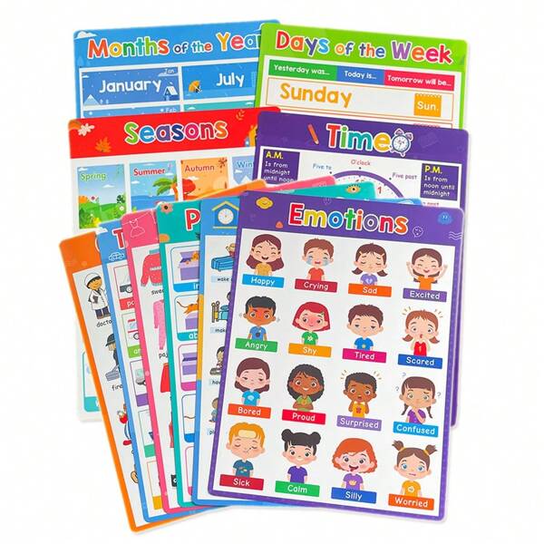 4 Stücke/6 Stücke/10 Stücke pädagogische Vorschul-Poster-Set für Kleinkind Frühförderkinder, Kindergarten, Homeschooling - Lernspielzeug für Rechtschreibung, Wochentage, Monate, Jahreszeiten, Berufe, Präpositionen, Mein Tag, Verkehrsmittel, Emotionen, Kleidung, Zeitangabe - Kleinkind Lernplakate, Wandkunst für Kinderbetreuung, Homeschooling-Essentials, Frühförderung Aktivitätskarten, A4-Größe