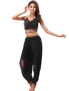 2 Pieces Prom Party Line Dance Costume For Women Belly Dance With Coin Embellished Open-Hole Loose Pants (Includes Breast Pads)
