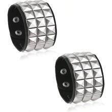 1pcs Rivet Bracelet For Men, Women, Black Leather, Gothic, Punk Bracelet, Halloween Party Punk Accessories - 黑色 - 查看 2