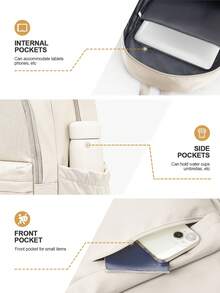 经典休闲背包/学院风背包，大容量女士笔记本电脑背包，轻便书包，男女通用，实用笔记本电脑背包，可装15.6英寸笔记本电脑 - 米色 - 查看 7