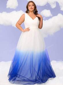 Plus Size Women Ombre V-Neck Formal Maxi Dress, Cocktail Party Prom Gowns, Backyard Wedding Dresses, Single Shoulder
