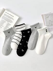 5 paar schattige gestreepte sokken met strik en stippenpatroon voor dames, korte onzichtbare sokken, enkelsokken, witte sokken, zwarte sokken, geschikt voor dagelijks en casual gebruik