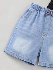 3pcs/Set Kids Light/Mid-Blue Washed Denim Boys Casual Elastic Waist Shorts, Summer Children Streetwear Knee-Length Pants - Black - View 7