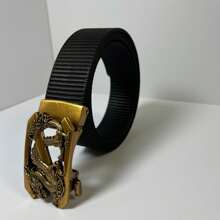 1pc New Men's Vintage Dragon Head Carved Automatic Buckle Leather Belt, Sliding Convenient Adjustment, Slim Fit, Black