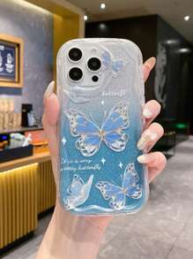 Accesorio de teléfono estilo Fairycore de 1 pieza, soporte de tarjeta con degradado azul y brillos + pulsera con mariposa + funda de TPU azul anti-caída compatible con iPhone 15/15Pro/15Plus/15Promax Kawaii