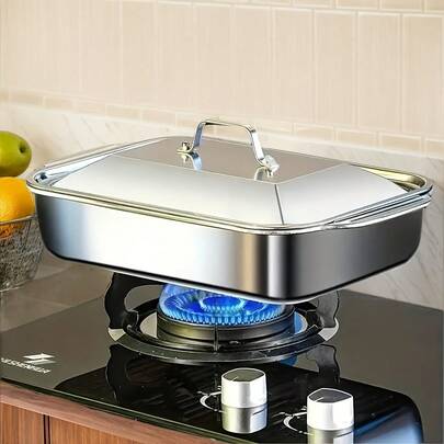 1个不锈钢不粘烤盘 - 长方形，双提手，方便携带 - 非常适合烘焙糕点、面包等 - 适用于餐厅、露营、圣诞节、万圣节和其他节日。带盖/不带盖，不粘不锈钢烤盘 - 耐热耐用。