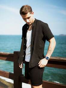 Men's Short Sleeve Shirt With Priest Collar Elegant Casual Party Work - 深色水洗藍 - 查看 5