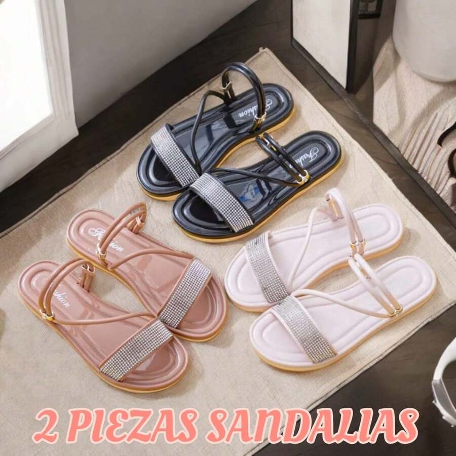 2 Pzas Sandalias en color negro y nude, sandalia estilo romana con brillos para dama, sandalias resistentes y de buena calidad, Sandalias antiderrapante - Multicolor - Ver 1