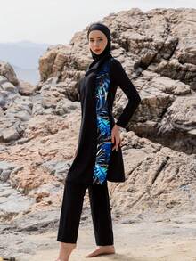 3 PiecesModest Muslim Women Full Coverage Swimsuit With Hoodie, Long Sleeve Top & Leggings, Middle-East Style, Summer Beach