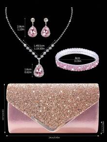 Women's Rhinestone Evening Clutch, 4pcs Rhinestone Ear Clips Bridal Wedding Necklace Bracelet Pendant Set, Shiny Wallet, Perfect For Party, Wedding, Ball, Evening/Banquet, Bridal Gown, Formal Occasion, Ball Gown, Birthday Dress - Pink - View 8