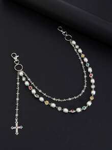 1pc Vintage Men's Multilayer Rhinestone & Faux Pearl Pants Chain, For Pants Decorations Summer, School - Cross Pendant - Silver - View 13