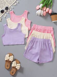 3pcs/Set Young Girls Solid Color Casual Crew Neck Sleeveless Tank Top Bowknot Decorated Shorts Summer Outfit - Multicolor - View 8