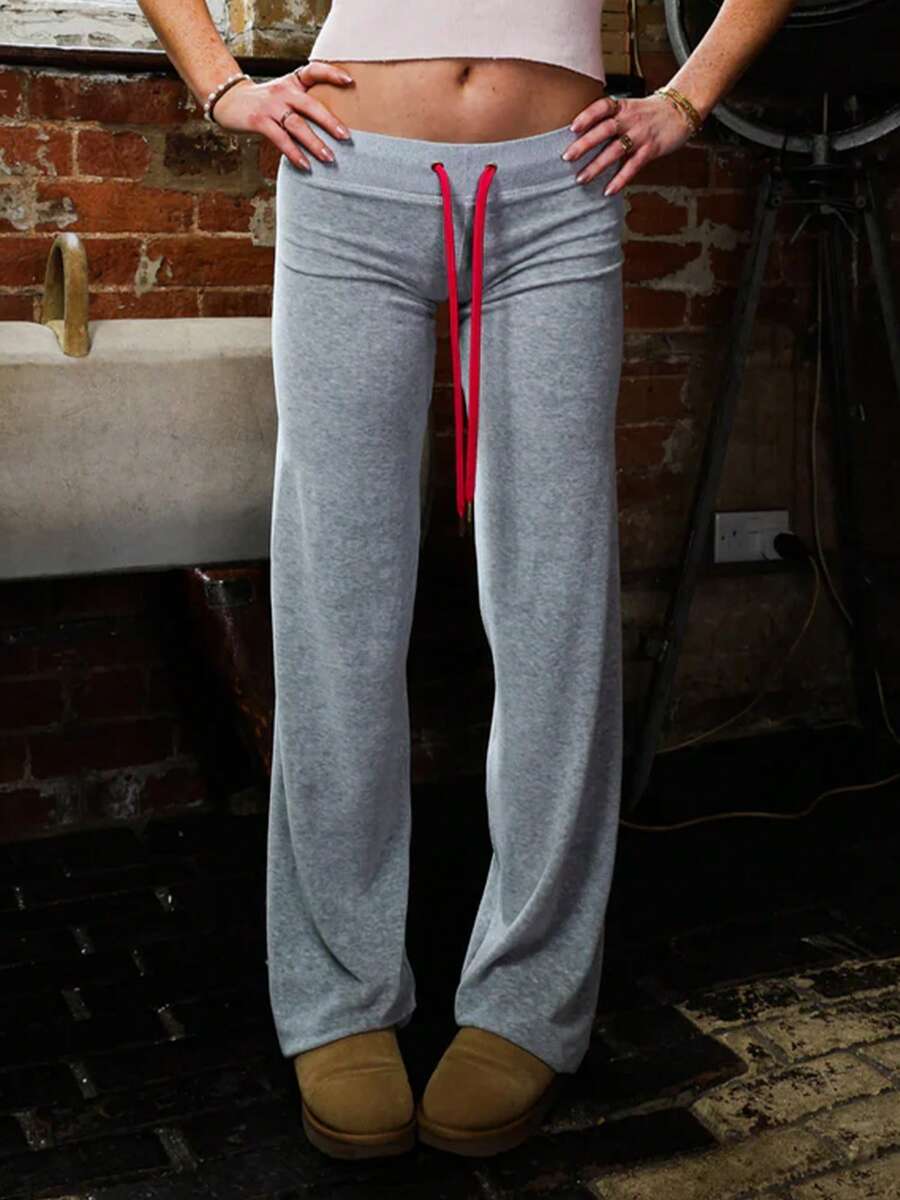 Women Loose Pants Star Patch Drawstring Elastic Waist Trousers Spring Fall Casual Sweatpants Bottoms - Xám - Xem 1
