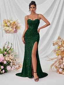 ADYCE 女士优雅亮片吊带心形领高腰褶皱高开衩露背交叉系带长裙，适合晚宴、婚礼宾客、约会之夜、正式晚宴、派对、圣诞派对、感恩节等场合。 - 墨綠色 - 查看 6