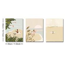3 套无框波西米亚风冲浪女孩夏季海岸墙艺术海报帆布印刷抽象小人物海滩海景画适用于宿舍、客厅、卧室、现代家居装饰 - 彩色 - 查看 9